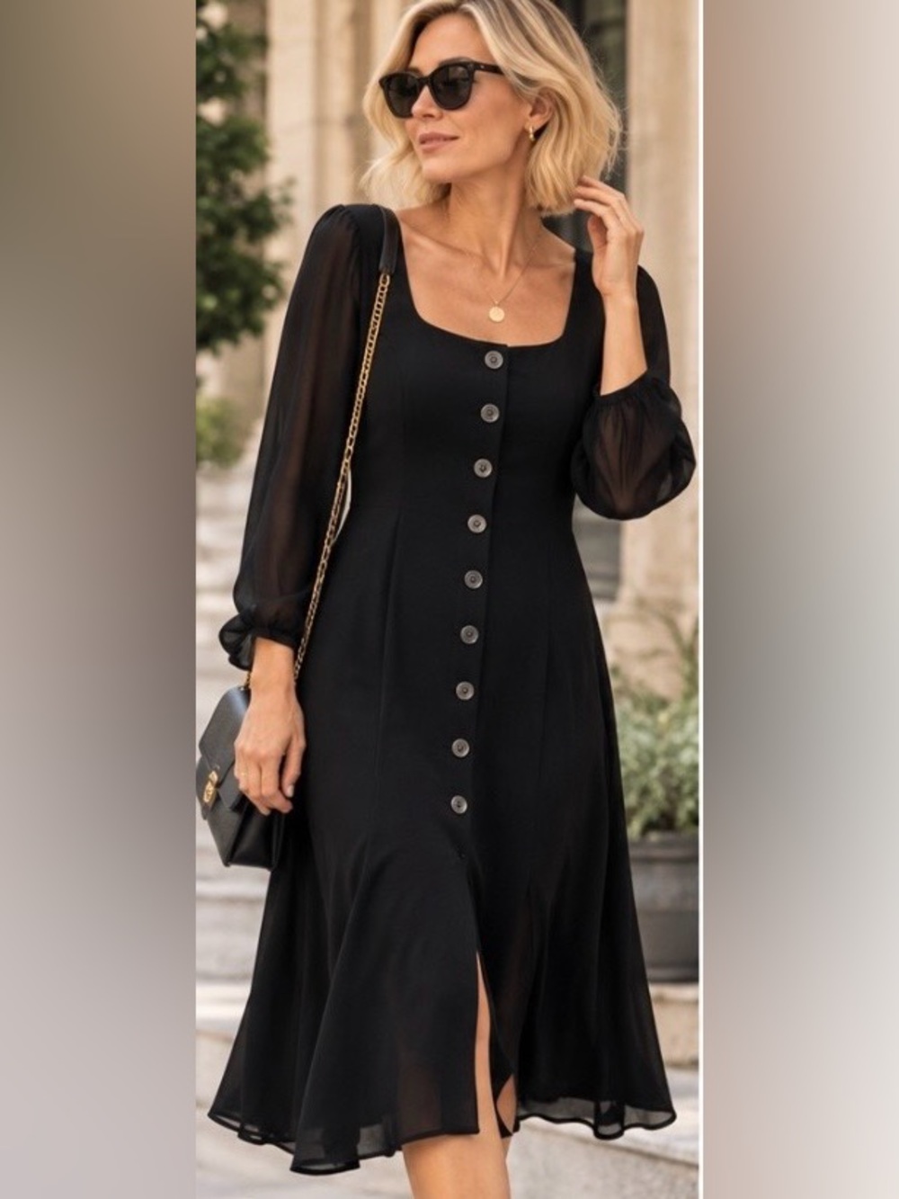 Vintage Anna Sui Black Sheer Sleeve Button Front Dress Size 6